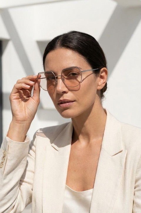 Kadın Büyük Şeffaf Pembe Güneş Gözlüğü Gümüş Metal Çerçeve