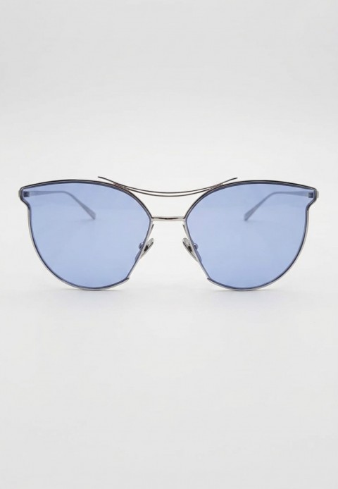 Kadın Kedi Gözü Büyük Şeffaf Mavi Güneş Gözlüğü Gümüş Metal Çerçeve