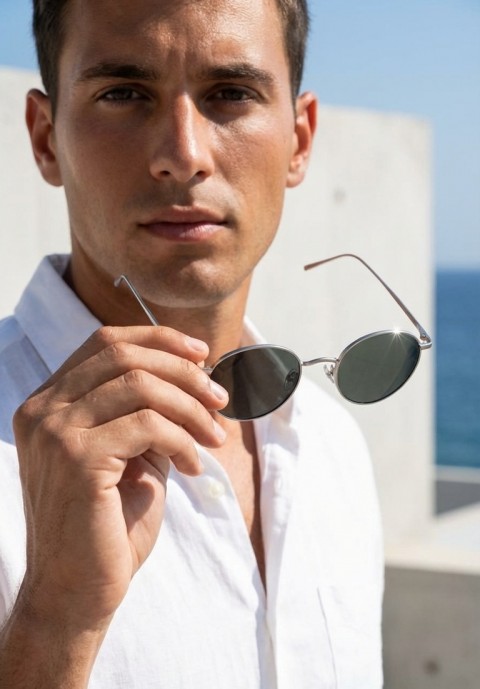 Sanches Premium Titanium Retro Yuvarlak Güneş Gözlüğü  Titanyum  Mat Gümüş Yeşil Polarize Cam 48mm