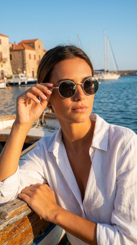 Sanches Premium Titanium Yuvarlak Güneş Gözlüğü Titanyum Mat Gümüş Yeşil Polarize Cam 47mm